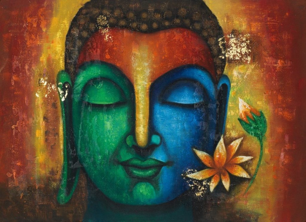 Image of Calm Peaceful Buddha Painting with Floating Flower on His Face